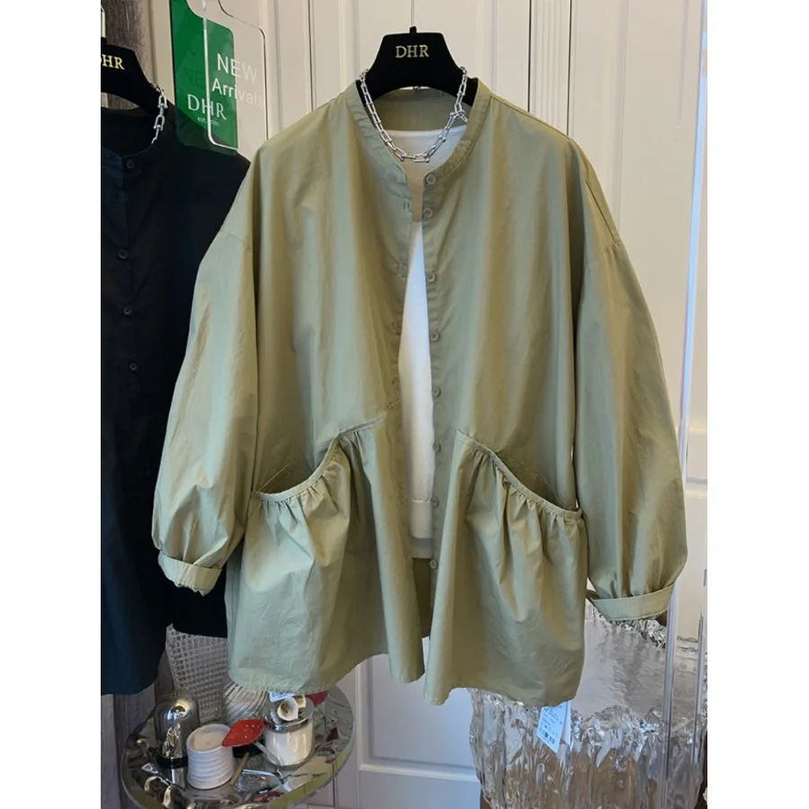 

Loose Casual Cotton Long Sve irt Women's Top Double ket Windbreaker Jaet Spring Autumn Thin Outerwear Coat