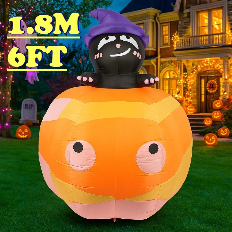 

1.8M/6FT Holiday Lighting Black Cat Sit on Pumpkin Halloween Decoration Outdoor Garden Homes Decor Glowing Toy Inflated Model