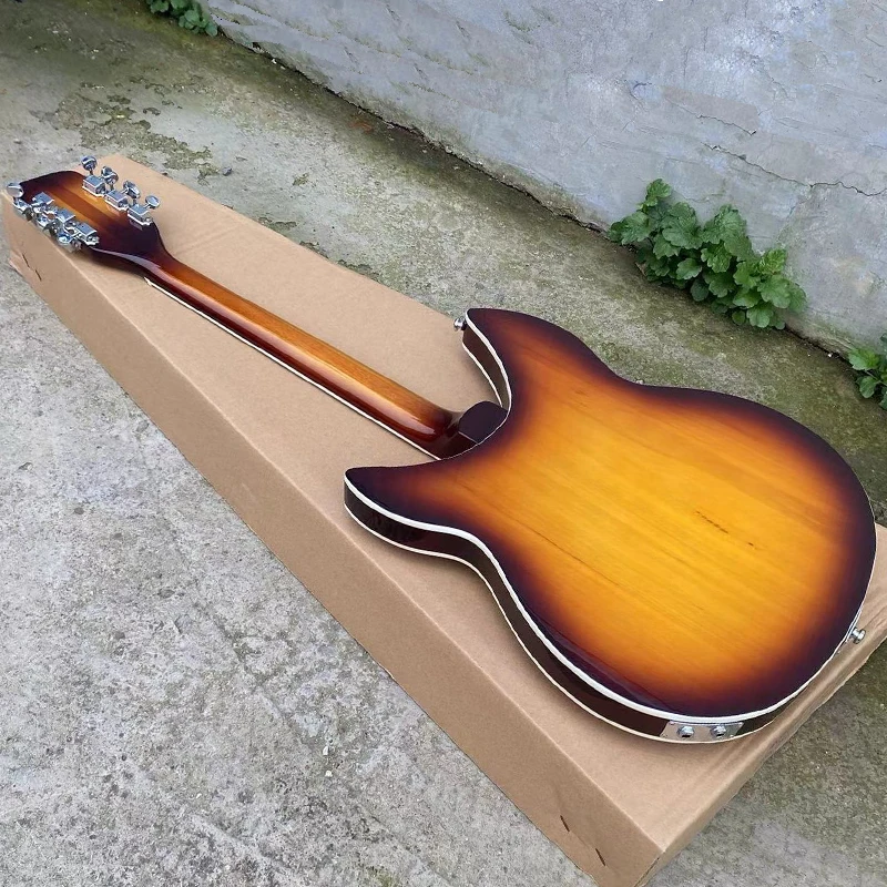 Guitarra eléctrica de 12 cuerdas, cuerpo semihueco, Guitarra Sunburst 360, tomas de doble entrada, pieza trasera de trapecio, envío gratis