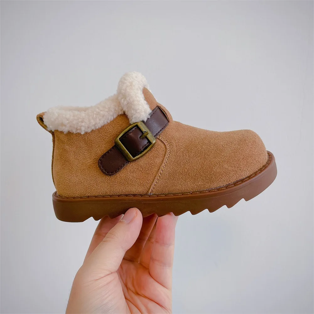 2024 Winter Nieuwe Kinderschoenen Jongens Leren Dikke Snowboots Meisjes Modieuze Warme Katoenen Laarzen