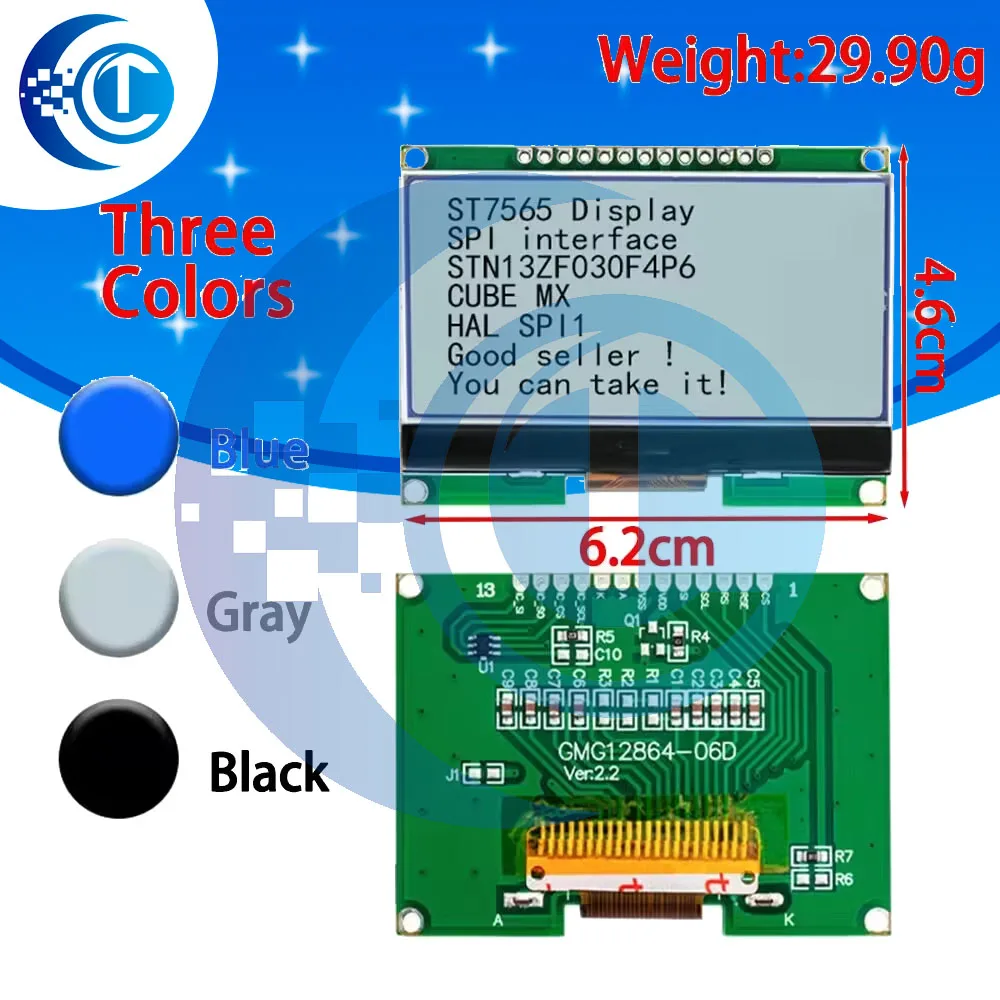 1PC 12864 Dot Matrix COG LCD Module (12864-06D): Chinese Font Supported, SPI Interface