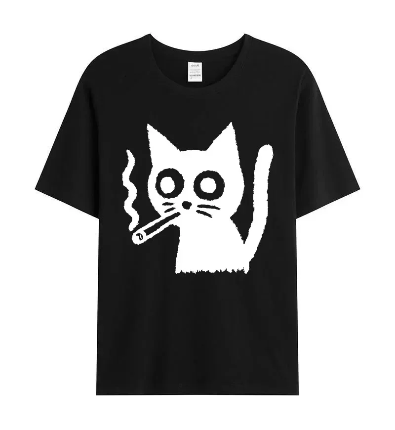 Funny Cool Cat T Shirt Retro Doodle Big Eyes Cat Graphic Short Sleeve Casual Top Edgy for Woorean Street Style