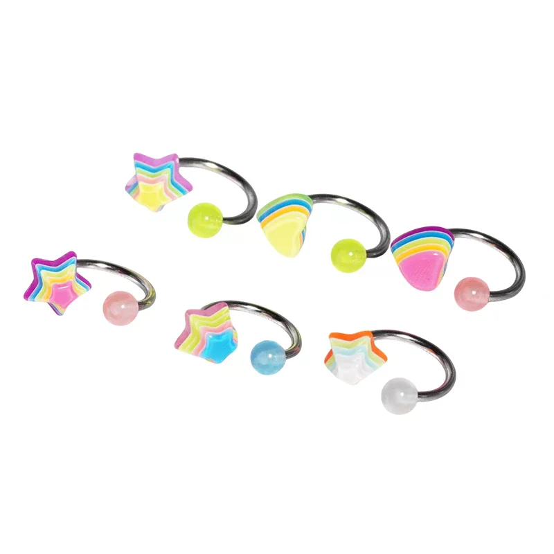 New Star Love Lip Ring Stainless Steel Luminous Ball Horseshoe Ring Color Resin Pentagram Earbone Ring Piercing Jewelry