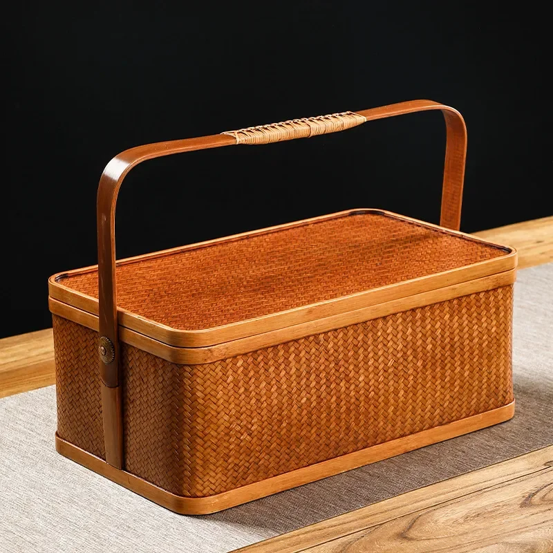 Large Rectangular Bamboo Woven Storage Box Handmade Lacquered Tea Set Container Chinese Retro Style Covered Basket for Food