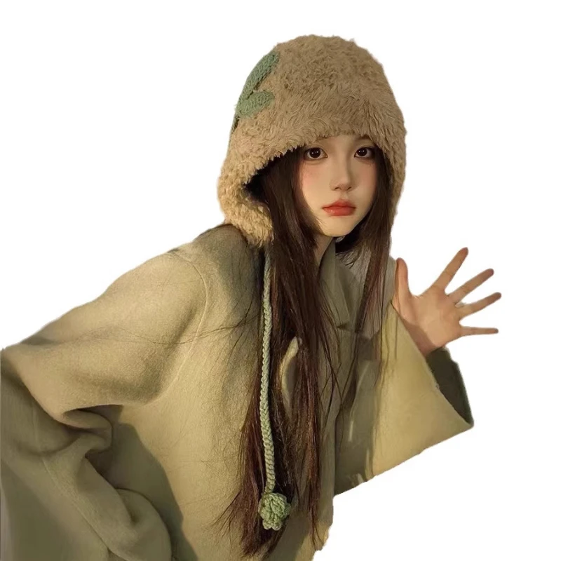 Winter Lovely Plush Knitted Woolen Hat Outdoor Warm Ear Protective Hat Woman 4