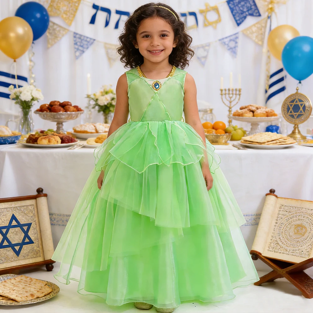 

Детские нарядные зеленые платья для девочек на Пурим, сетчатое платье принцессы без рукавов с крыльями на спине, детское свадебное платье