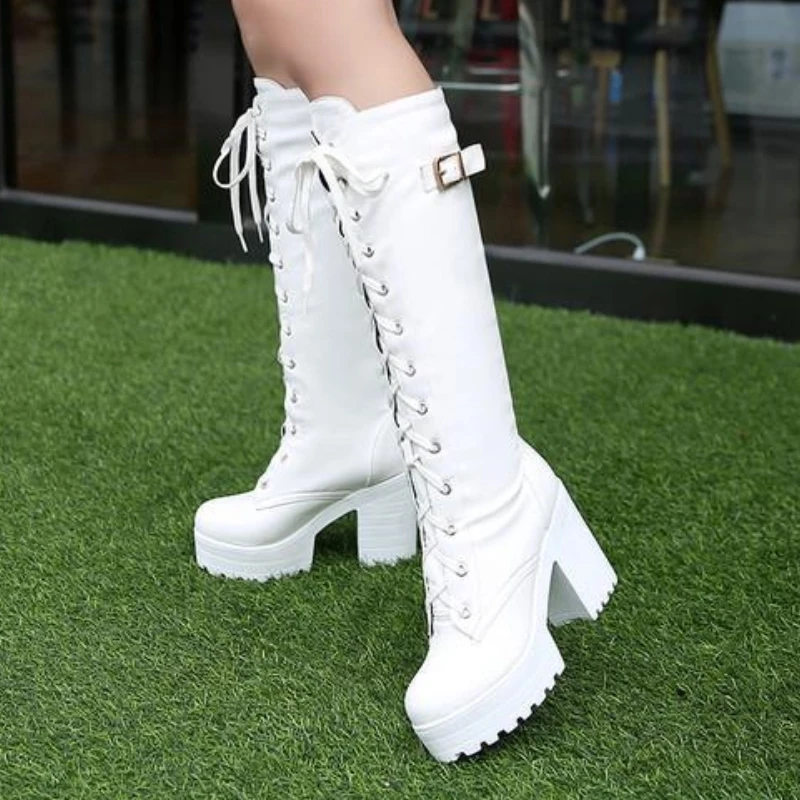 

Gothic Platform High Boots for Women Sexy Buckle Black White Winter Knee High Boot Female Block Heels Party Shoes Ladies