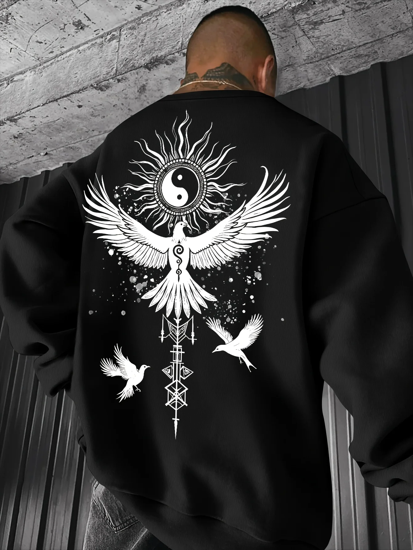 Milk Silk Crew Neck Sweatshirt Tai Chi White Pigeon Art Print Men Loose Pullover Daily Trendy Street Casual Fashion Sweatshirt