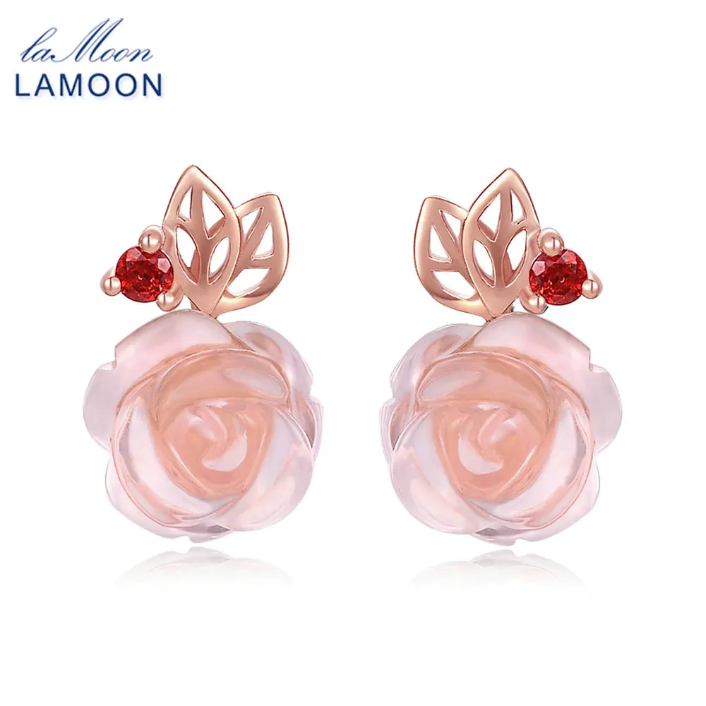 

LAMOON- 9mm FlowerRose Natural Pink Rose Quartz made with 925 Sterling Silver Jewelry Stud Earrings LMEI015