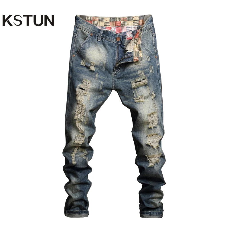 Men\'s Ripped Jeans Straight Cut Hollow Out Distressed Denim Pants Loose Fit Hip Hop Frayed Holes Men Trousers Punk Style 2024