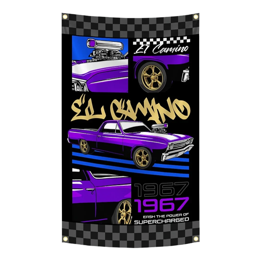 1967 E-ElCaminos Supercharged Muscle Car Art Flag  Polyester Banner  For Garage Muscle Car Decor