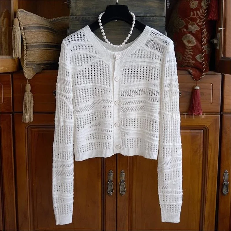 Ele Hollow out Knitwear Women's White Faionable Top High Quali Premium Design Commute Sle Long Sve Button down