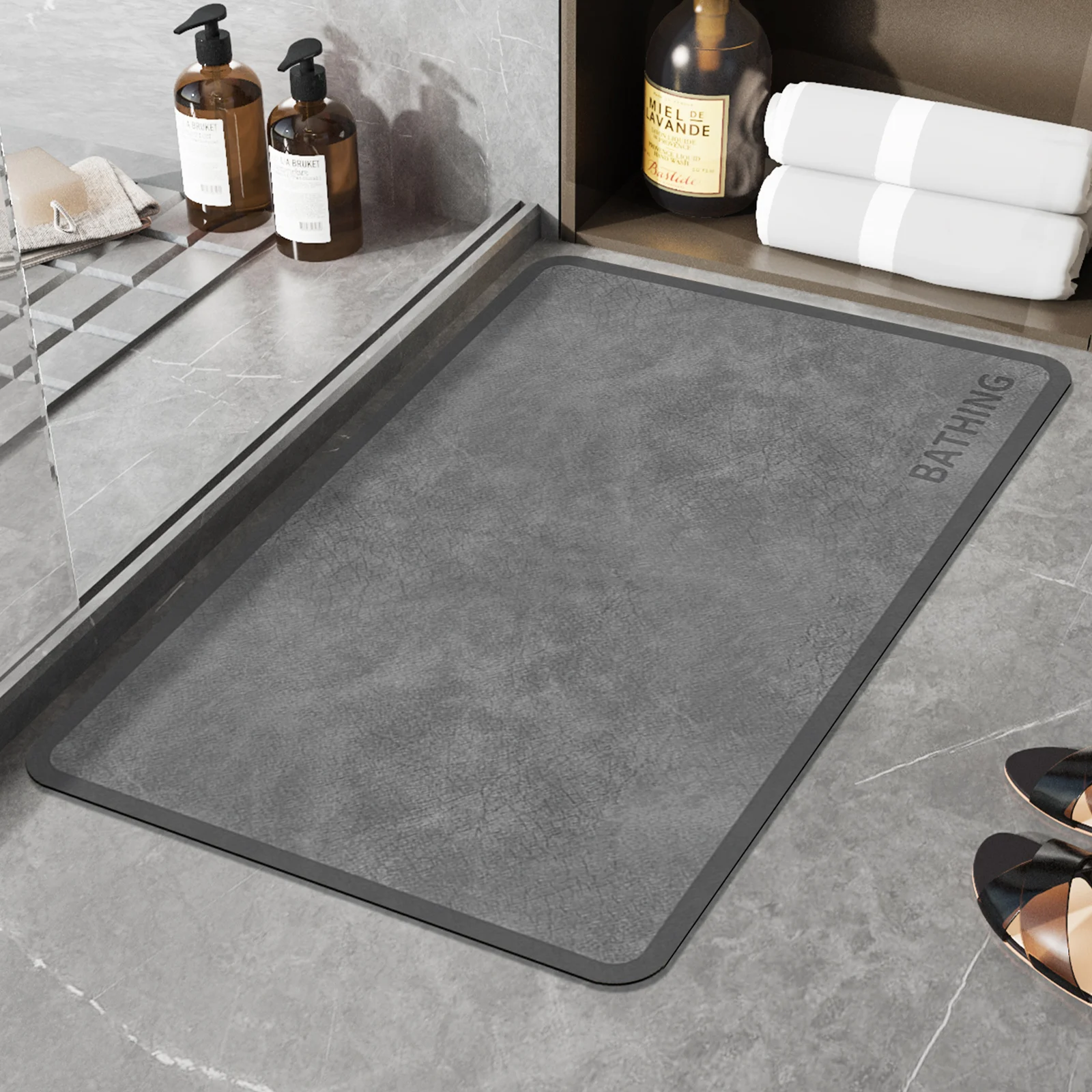 

Серый текстурированный грязеотталкивающий коврик для ванной комнаты с принтом, противоскользящий, быстро впитывающий и быстросохнущий, из резинового материала, для входной двери.