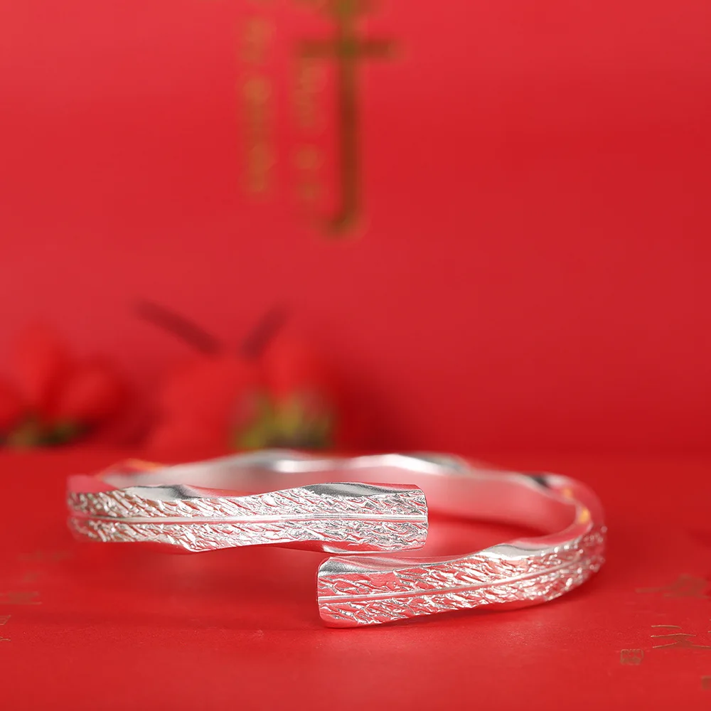 

Unusual Shining Glossy 999 Fine Silver Cross Bangles Women Branch Bracelets Minimalism Jewelry Simple Silver Bangle Waved Sides
