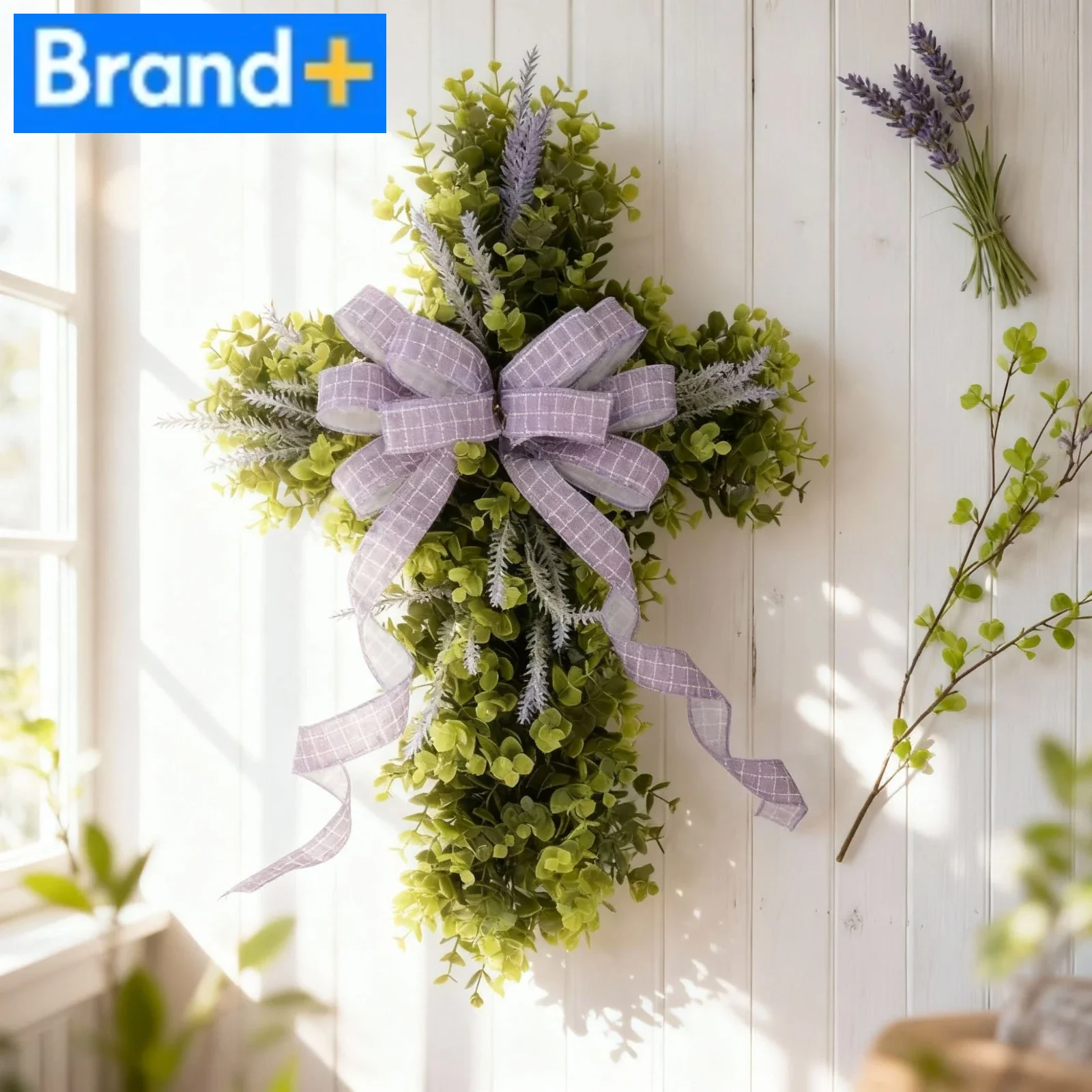 

Handmade Easter Cross Wreath with Silk Lavender & Baby's Breath - 40cm Weatherproof Front Door Hanging Decor for Spring, Church