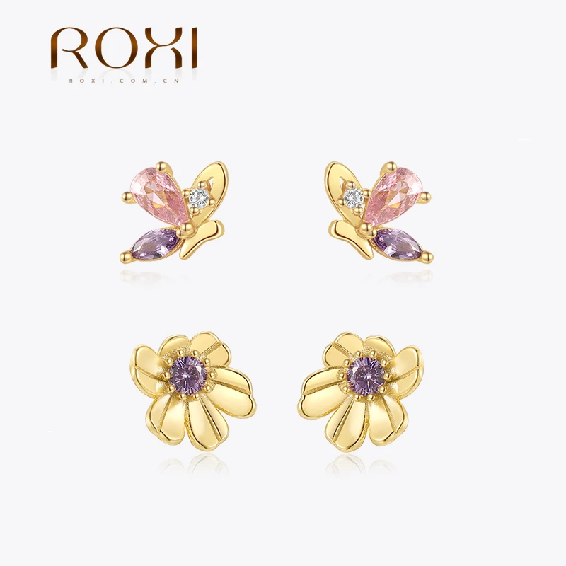 

ROXI 925 Sterling Silver Butterfly/Flower Colored Zircon piercing Earrings For Women Pink Purple Zircon Party Jewelry Gifts