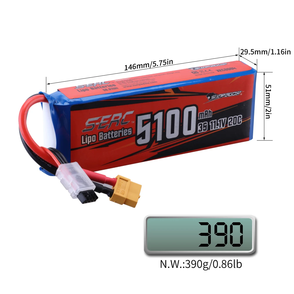 Sunpadow 3S 20C Lipo Battery 5100mAh 11.1V with XT60 Plug for RC Airplane Helicopter Drone FPV Quadcopter Model Racing