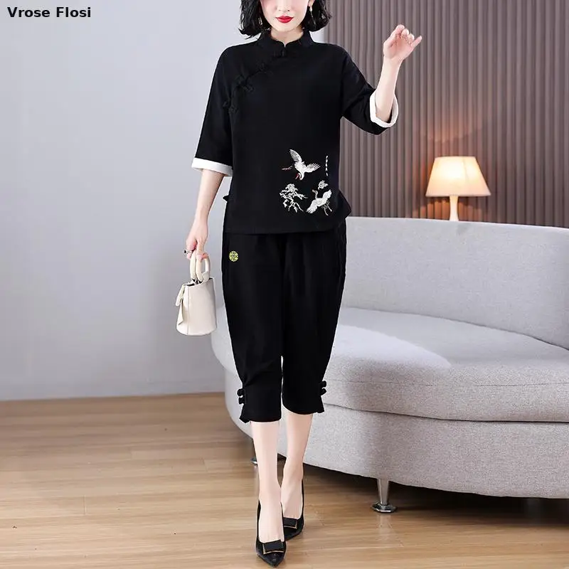 Cina tradizionale Casual sciolto donna Hanfu nero top Harajuku Vintage stile cinese gru ricamo cotone lino Tang vestito nuovo