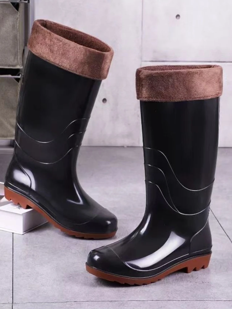 

Черные зимние непромокаемые теплые длинные мужские туфли на флисовой подкладке, садовые сапоги для взрослых, высокое качество без шнуровки, мужские резиновые сапоги из ПВХ