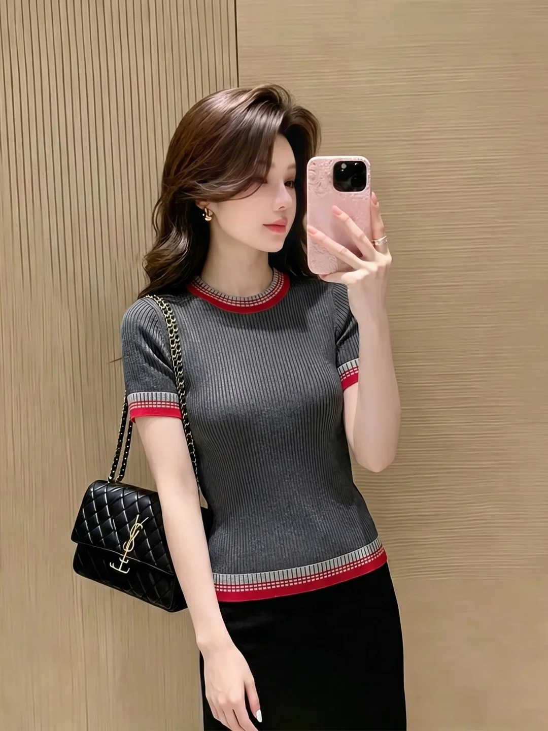 

Fashionable Commuter Style Color Block Knitted Short Sleeve round Neck Slim Fit Versatile Design Summer Top Korean Version St...