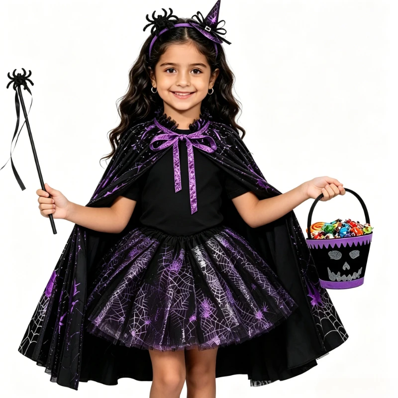 Toddler Witch Cosplay Bundle Black Purple Web Print Cloak Layered Tutu Skirt Mini Witch Headband Skull Treat Pail Holiday Outfit view 2