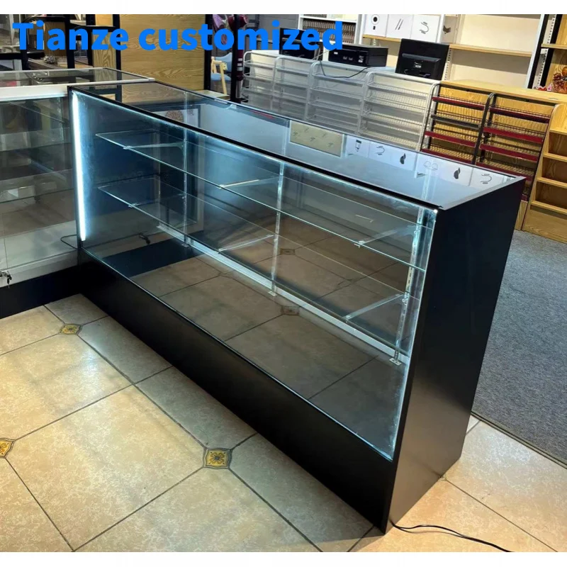 

(Customized) wooden tempered glass retail shop display shop display furniture LED light sliding smoke shop showcase counter