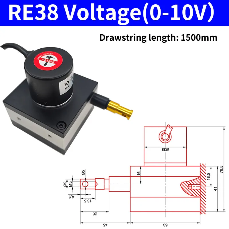 Trekkoord verplaatsingssensor, verplaatsingsmeter, elektronische analoge meetafstand 1M 1,5M 2M Ingangsvoeding 5-24V