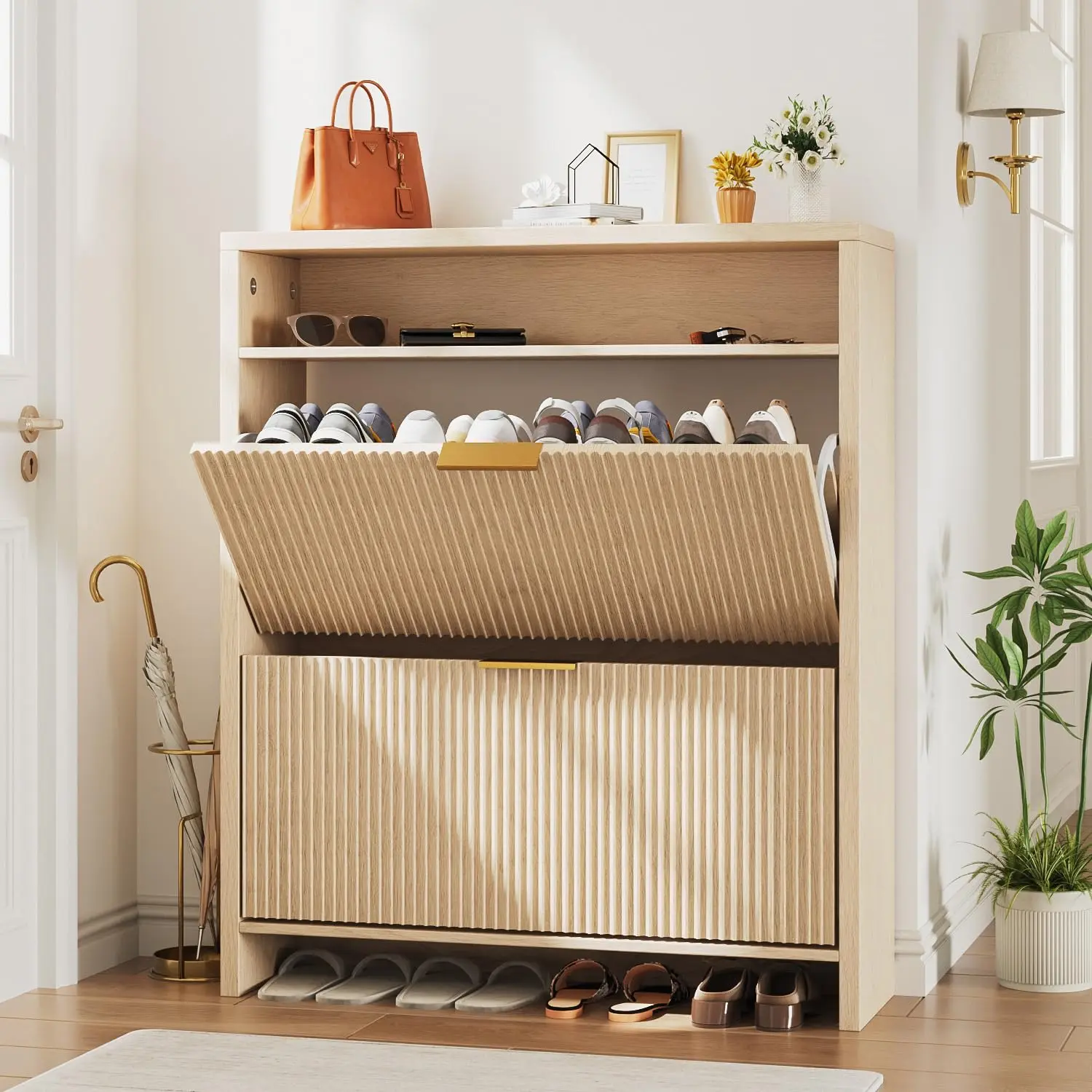 31.5" Fluted Shoe Cabinet Entryway Narrow 2 Flip Drawers Open Shelf Gold Handle Freestanding Hallway Living Room Customized