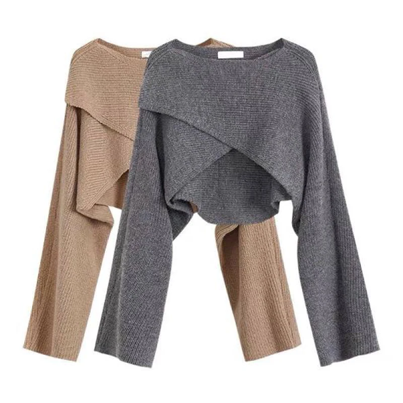 Otoño suéter recortado de punto Y2K Tops mujeres jerseys de manga larga suéter de invierno Cruz ropa informal Irregular suéter Pull 22933