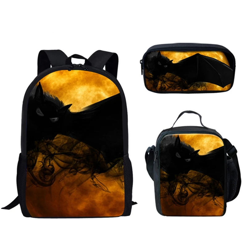 Popular Novelty Cool Halloween Naughty Bat 3D Print 3pcs/Set pupil School Bags Laptop Daypack Backpack Lunch bag Pencil Case