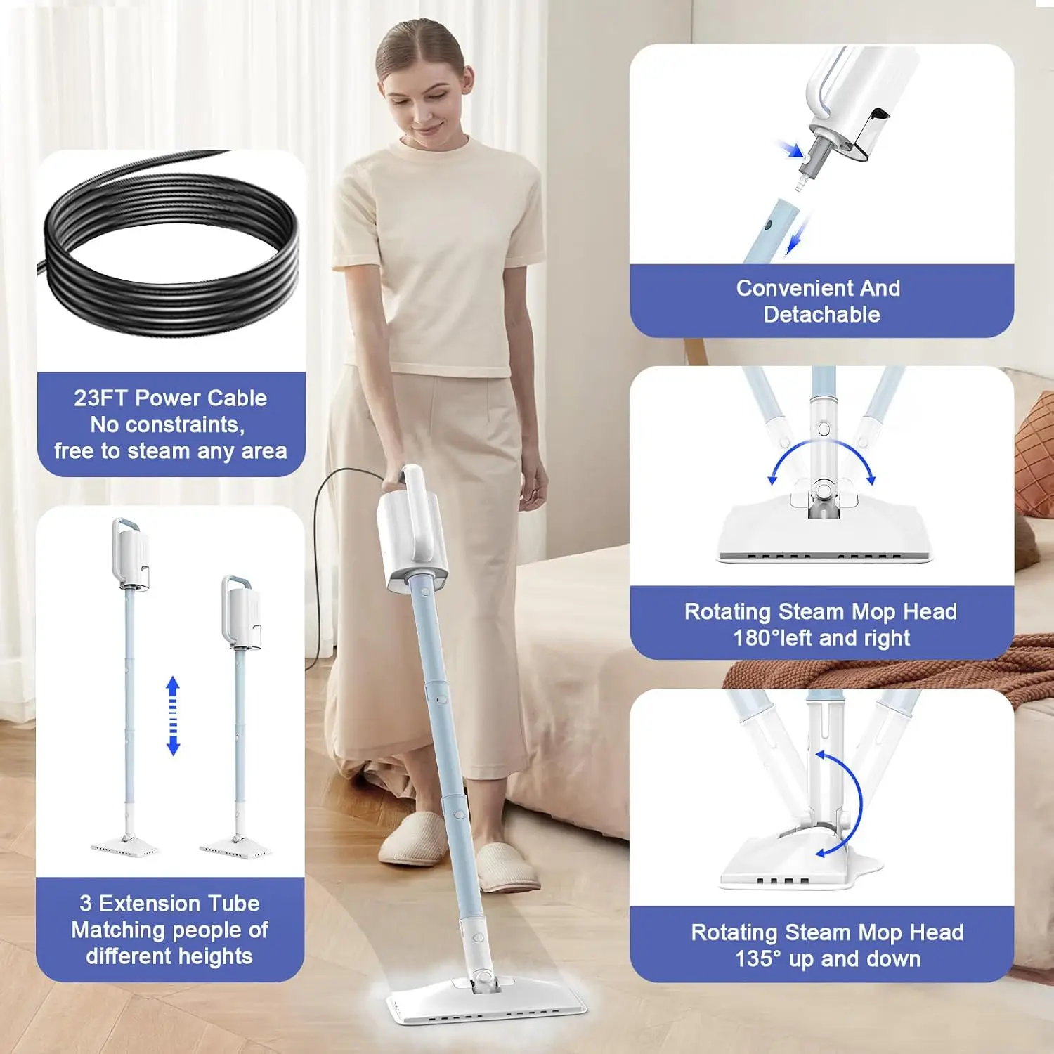 Steam Cleaner, 6 in1 Rotated Steam Mop Cleaner with 2 Modes, 2 Microfiber Pads, 400ML Removable Tank, 23FT Power Cable, Detachab