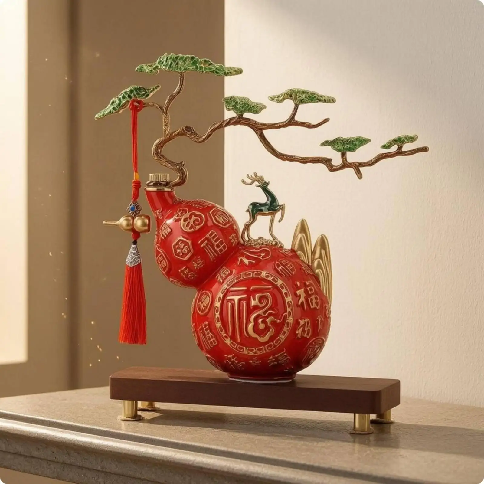Wood Base Ornament Conifer Branch Motif Resin Gourd Ornament