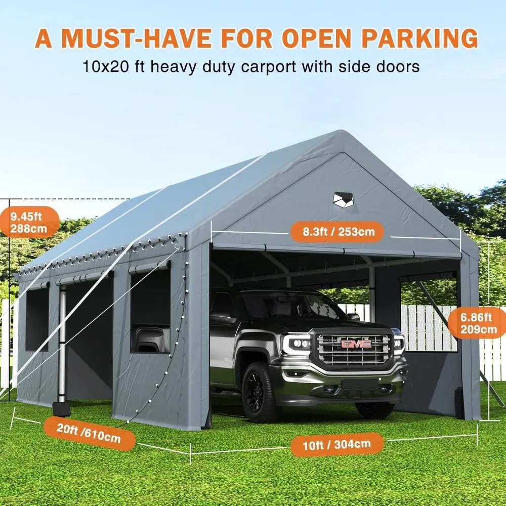 10X20 Heavy Duty Carports, Portable Car Port Garage, Carport Canopy with Side Doors, Outdoor Car Shelter All Weather