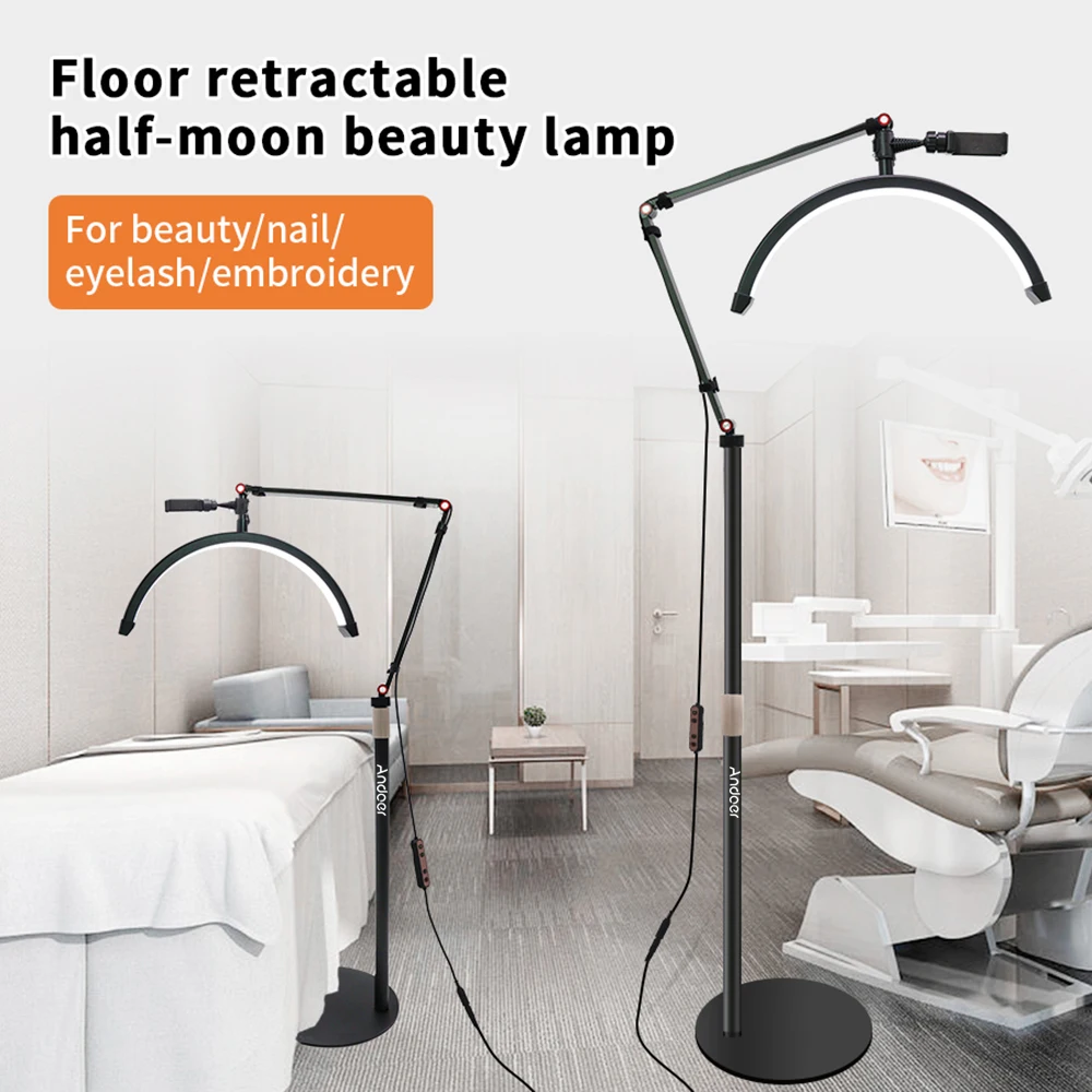 Floor LED Half-moon Shaped Fill Light with Adjustable Light Metal Light Stand, Suitable for Live Streaming, Makeup Beauty Salon