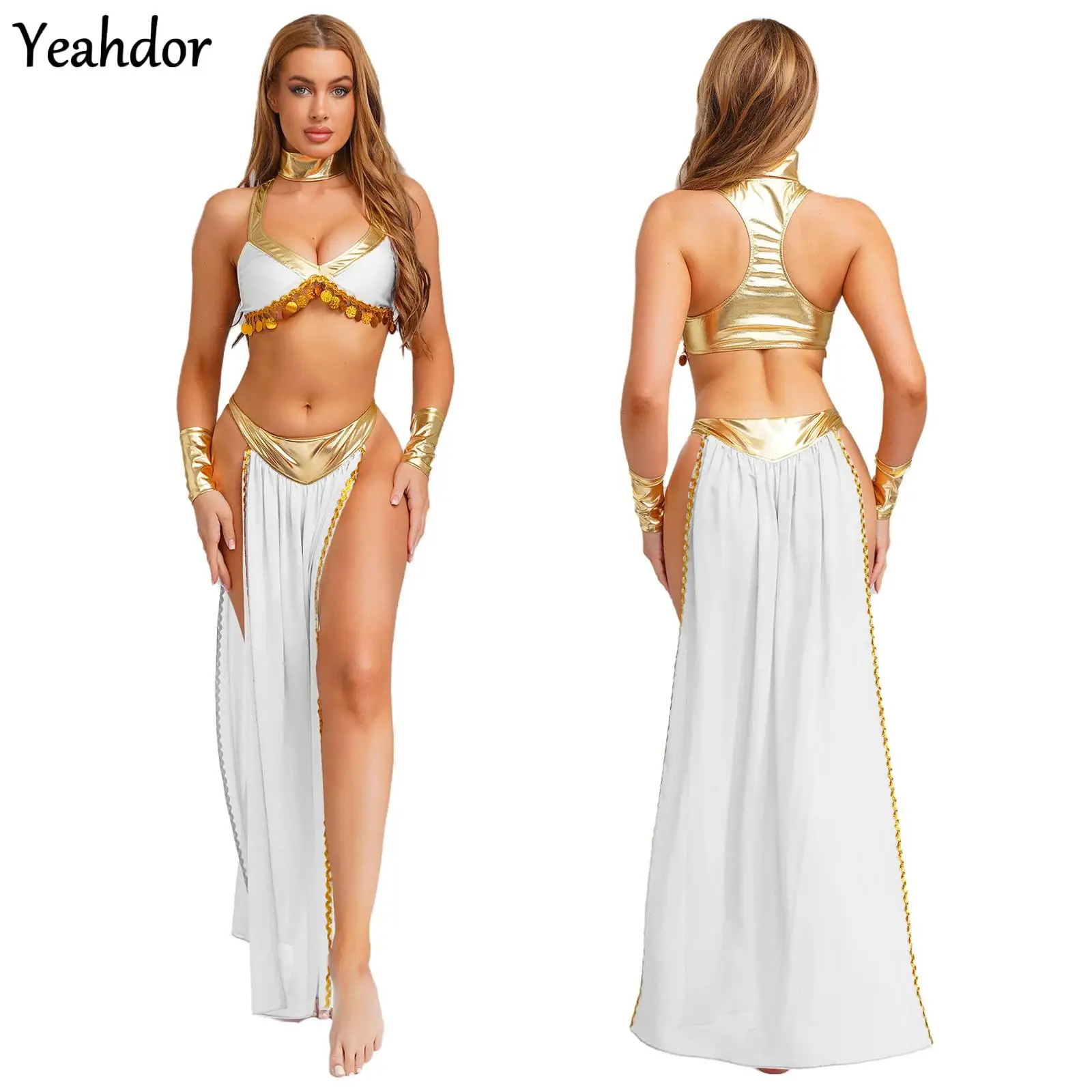 

Women Indian Belly Dance Costumes Metallic Shiny Ancient Egyptian Queen Cosplay Dress with Collar Crop Top Chiffon Skirt Outfits