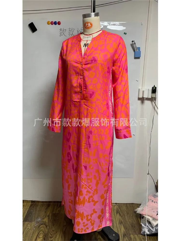 

Woman Elegant Leopard Print Long Sleeve Party Dresses Spring Autumn Casual Button A-Line Dresses Fashion Vacation Split Dress