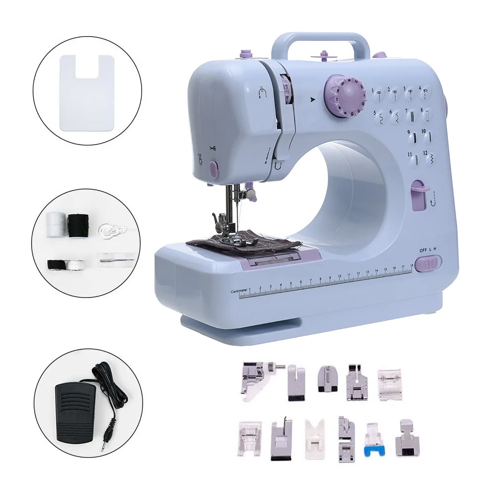 Portable Mini Electric Sewing Machine Beginners 12 Stitches Foot Pedal Night Light Speed Control for DIY Home Sewing Mending