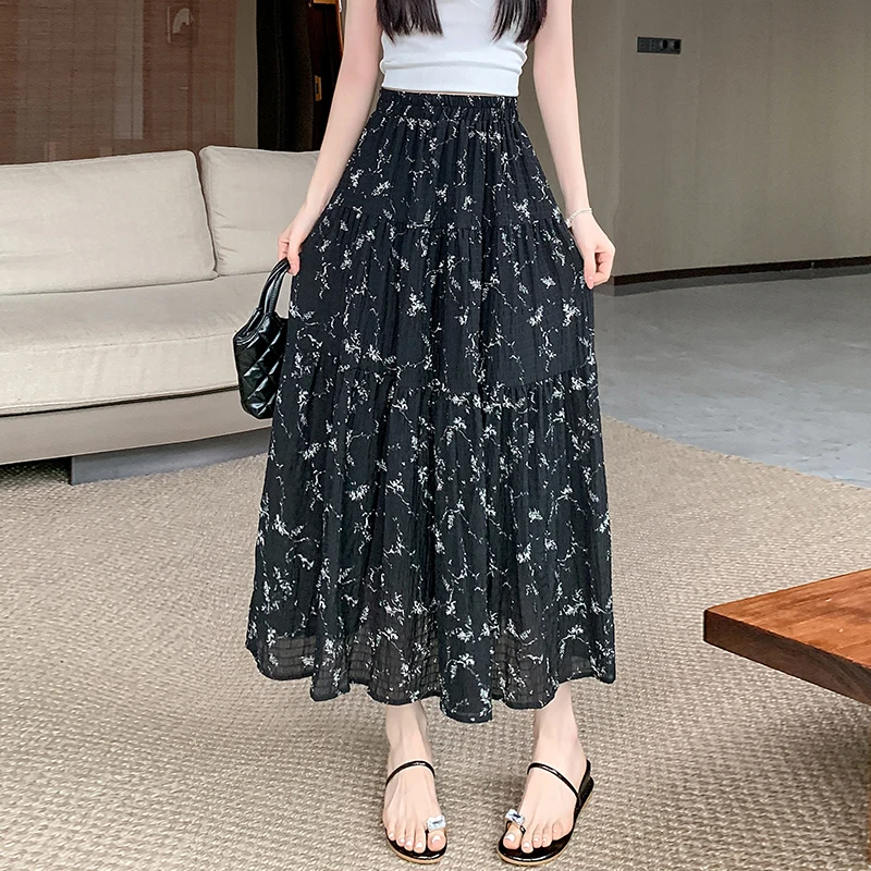 French Vintage High Waist A-Line Chiffon Skirt for Women Mid-Length Puffy Loose Skirts with Broken Flower Design Street Style