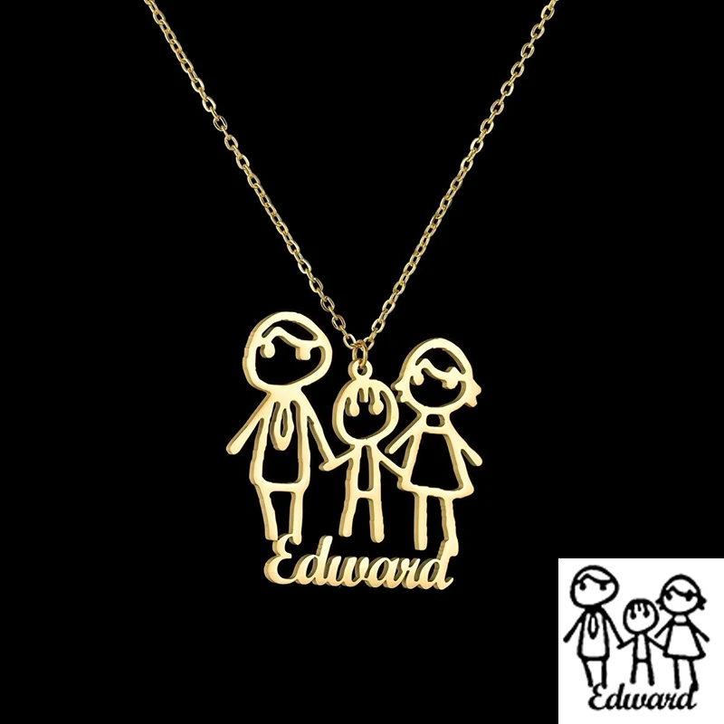 Spark Stainless Steel Customized Children's Drawing Self-Portrait Necklace Bracelet Gold Color LOGO Design Birthday Jewelry Gift