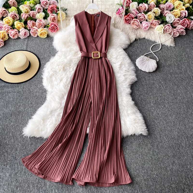 O Neck  Sleeveless Vest Jumpsuit Women High Waist Lace Up Slim Pleated Wide Leg Pant Bodysuit Vintage French Elegant Chic Romper