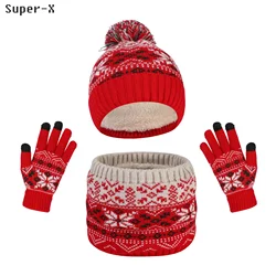 3pcs Winter Set for Children Girls Boys Hats Beanies Scarf Gloves Knit Classic Plaid Stripe Snowflake Thick Fleece-lined