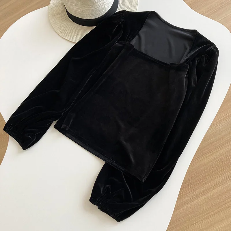 French Retro Black Velvet Tops Womens Elegant Square-neck Lantern Sleeves Shirt Mature Ladies Simple Velour Top Autumn New