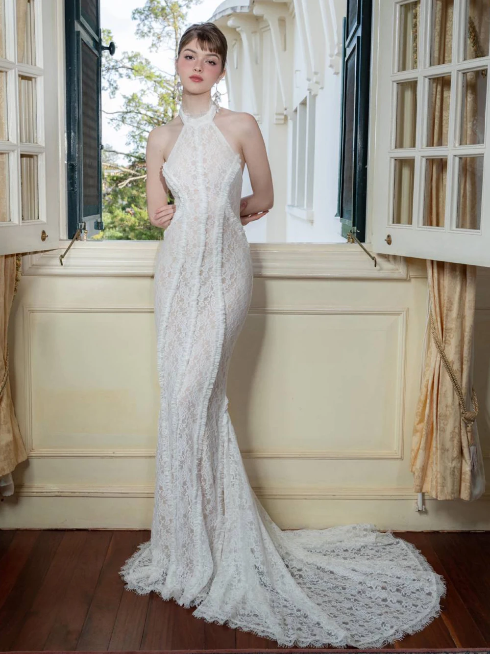 Elegante feminino renda branca magro vestido longo halter sem costas sem mangas maxi vestidos senhora noite vestidos de festa de casamento