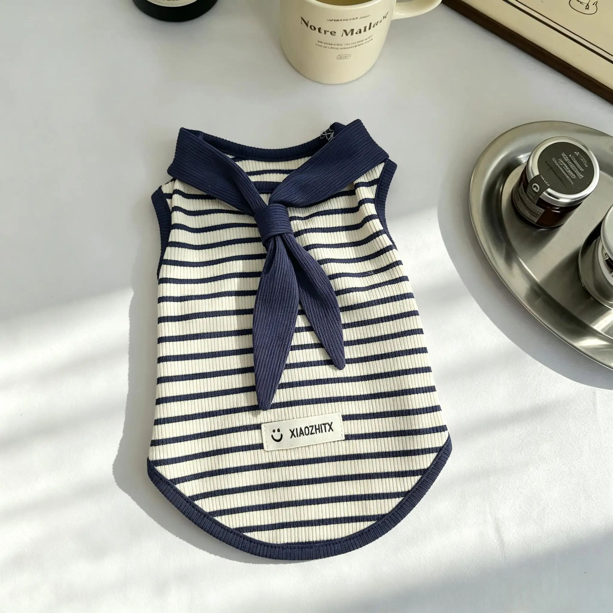 Striped Pet Tank Top Sailor Neck Tie Ribbed Fabric Smile Label Sleeveless Vest Summer Daily Puppy Kitten Walking Outfit