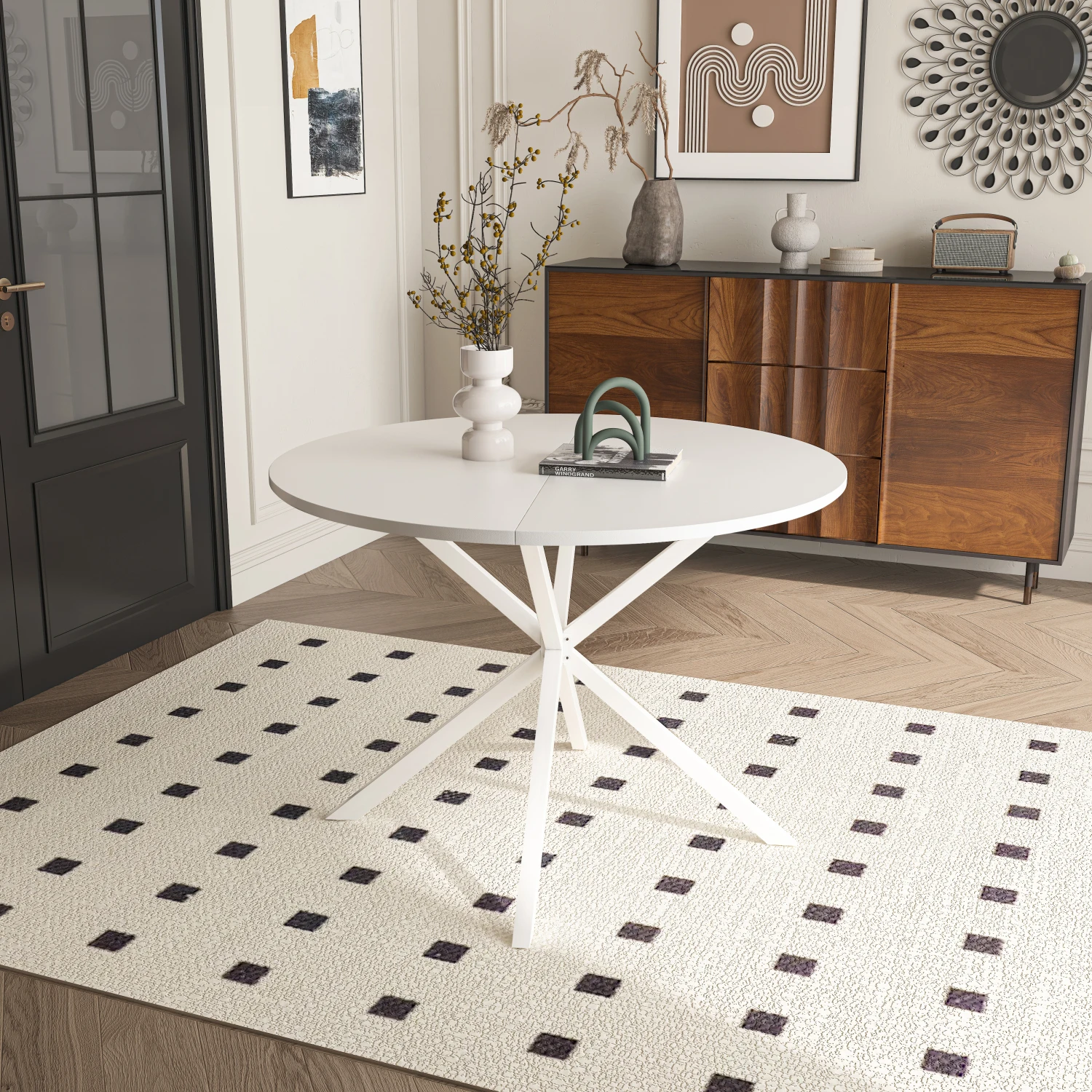 

42.13'' Modern Cross Leg Round Dining Table, White Top Occasional Table, Two Piece Removable Top, Matte Finish Iron Legs