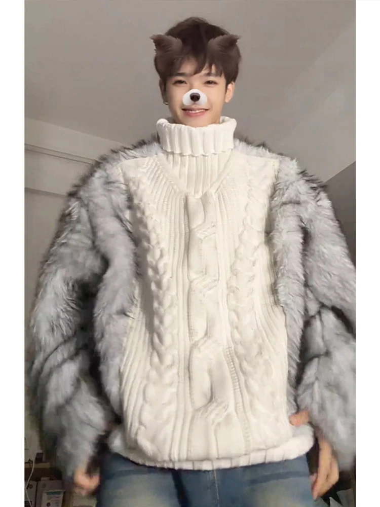 

Wolf King High Collar Knitted Sweater Men's Winter Warm Fur Patchwork Base Layer irt Casual Sle Thi Long Sve Crew Ne