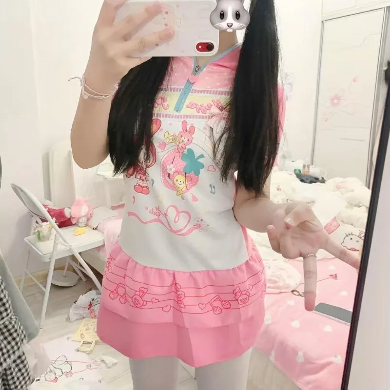 

Y2K Japanese Kawaii Cartoon Rabbit Print Dresses Women's Zipper Design A-line Skirt New Harajuku Pink Short-sleeved Hoodie Dress