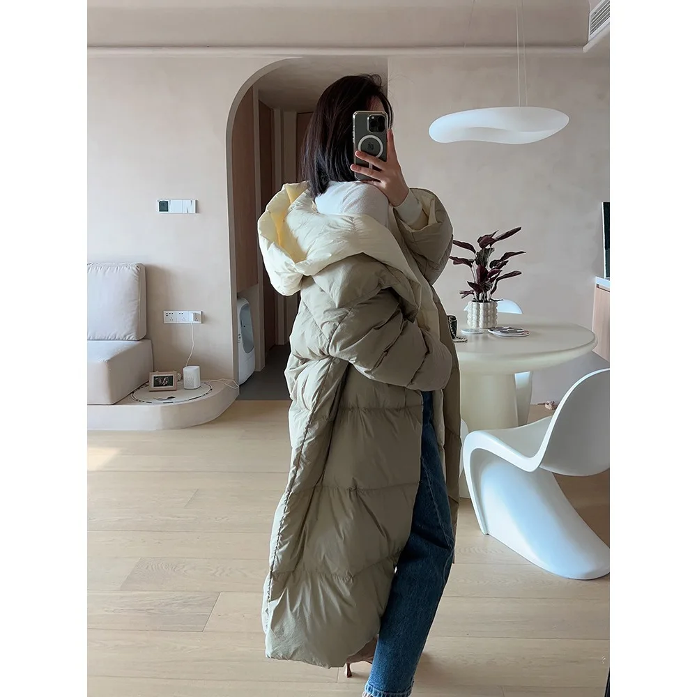 Fluffy White Duck Down Jacket Women Winter Thickness Warm Long Puffer Coat Hooded Female Fashion Fake Two-piece Parkas