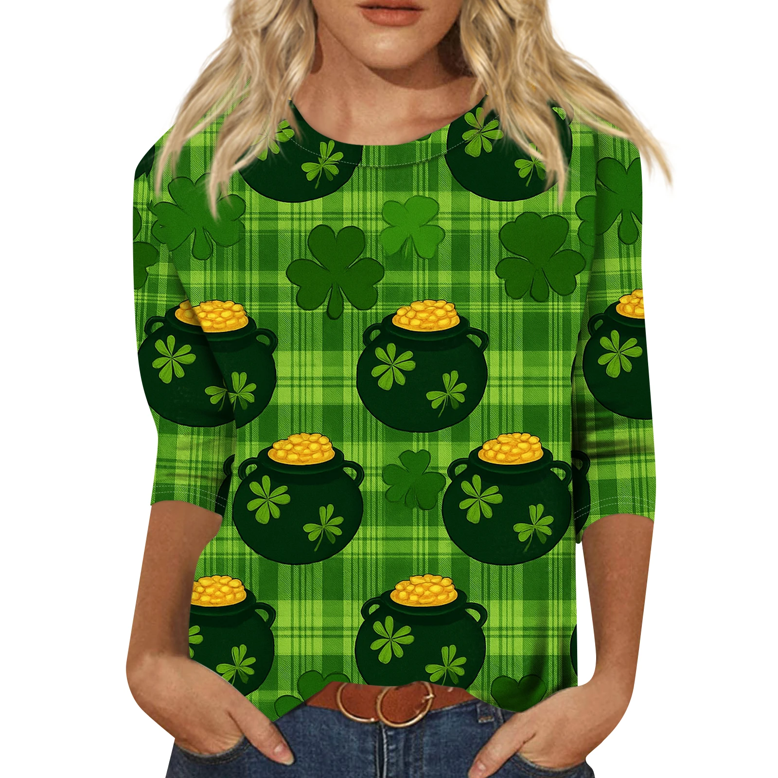 أنثى الصيف رقيقة عصرية عارضة ثلاثة أرباع كم ورقة مطبوعة جولة الرقبة أعلى سانت باتريك موضوع س الرقبة الملابس #2