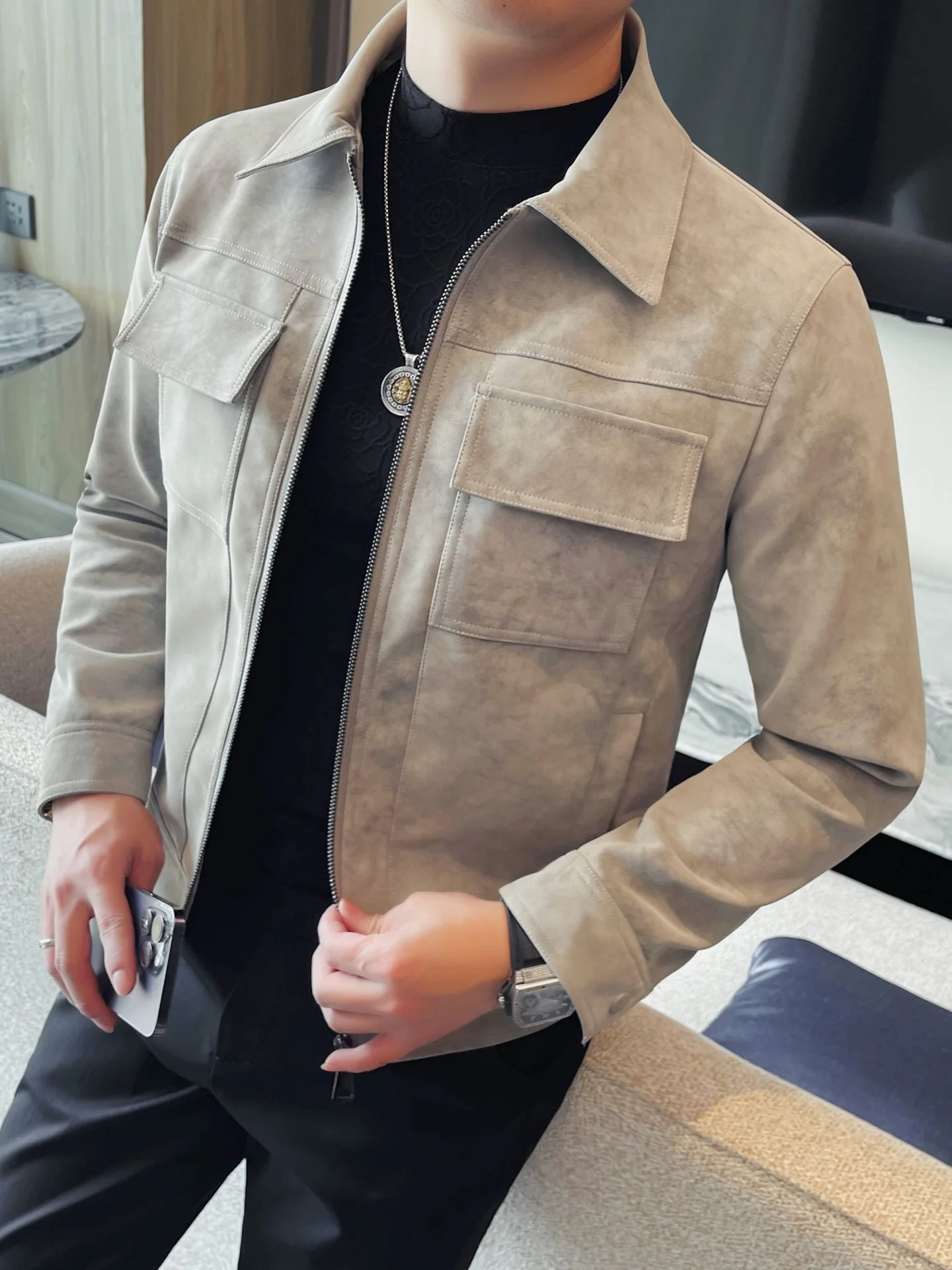 

Men's Faionable ort Leather Jaet Coat Matte Fini Casual Collar Autumn Winter New Sle Versatile Workwear Leisure Top